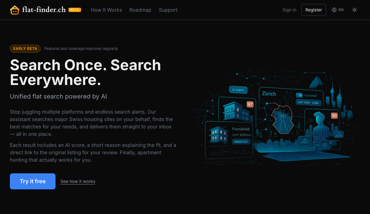 flat-finder.ch — search once, get AI-scored results from every Swiss portal