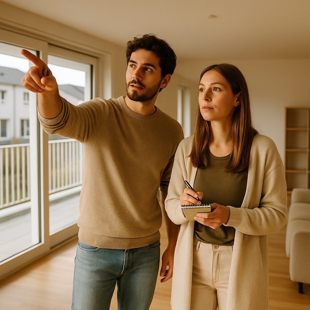 Couple visiting a modern row house flat during a viewing