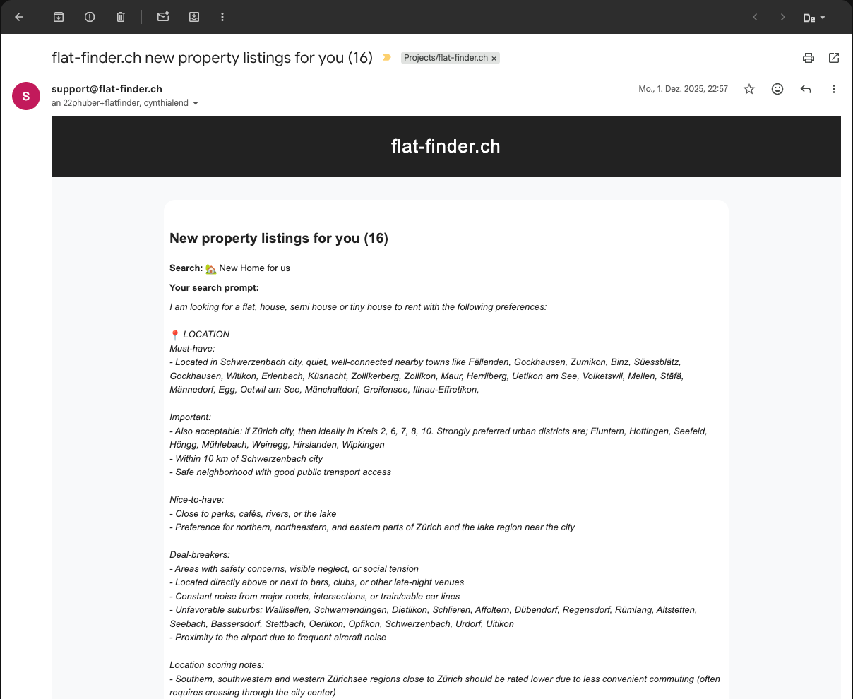 flat-finder.ch email in Gmail: subject "New property listings for you (16)", showing search prompt and criteria