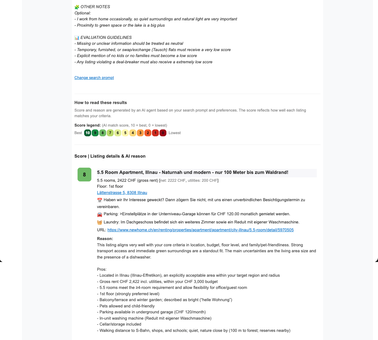 Email digest showing the #8 Illnau flat: score legend, evaluation guidelines, and full AI reasoning with pros and cons