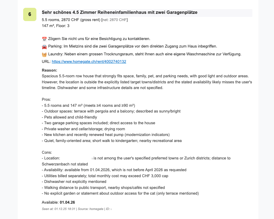 Email listing for the #6 row house in Aathal-Seegräben (Our hit): 5.5 rooms, 147m², with full AI reasoning showing pros and cons