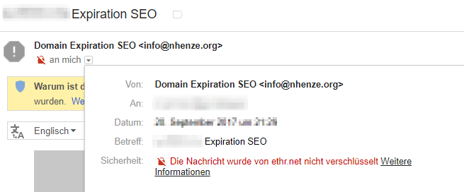 Achtung vor "Domain Expiration SEO" Emails